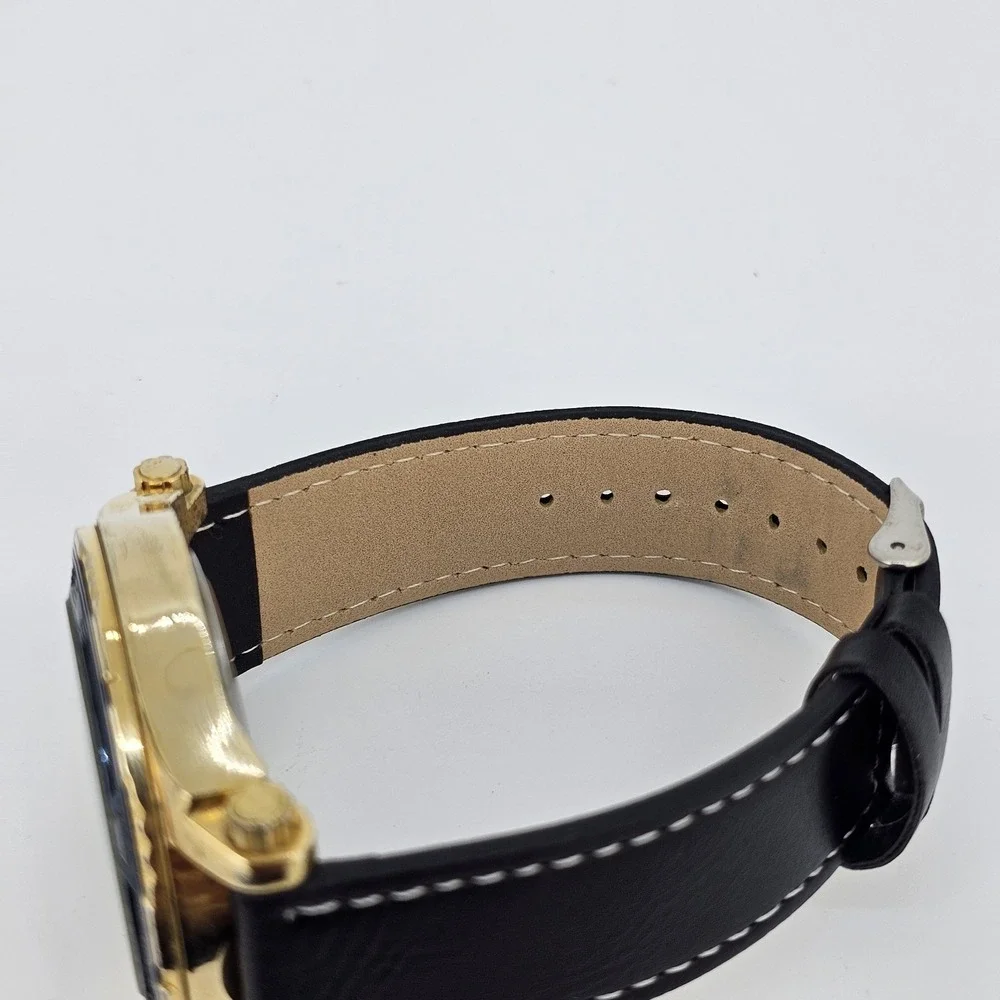 Rocawear Men's Watch 46MM Blue Dial NEW Black Faux‎ Leather Bands NEW Battery